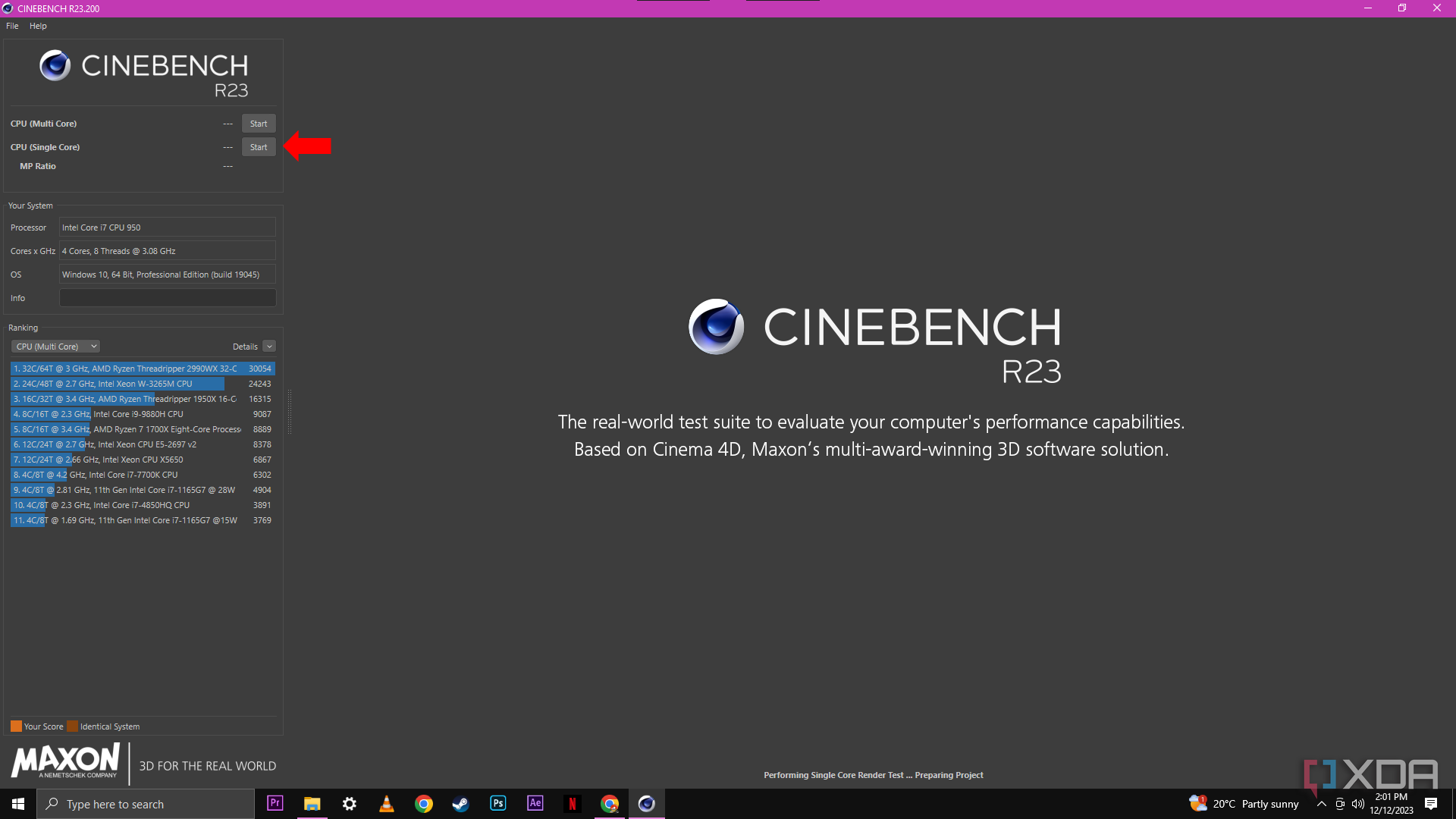 La interfaz de Cinebench R23 que muestra opciones para pruebas de CPU (multinúcleo) y CPU (núcleo único) con una flecha que apunta al botón "Iniciar" para la prueba de núcleo único.