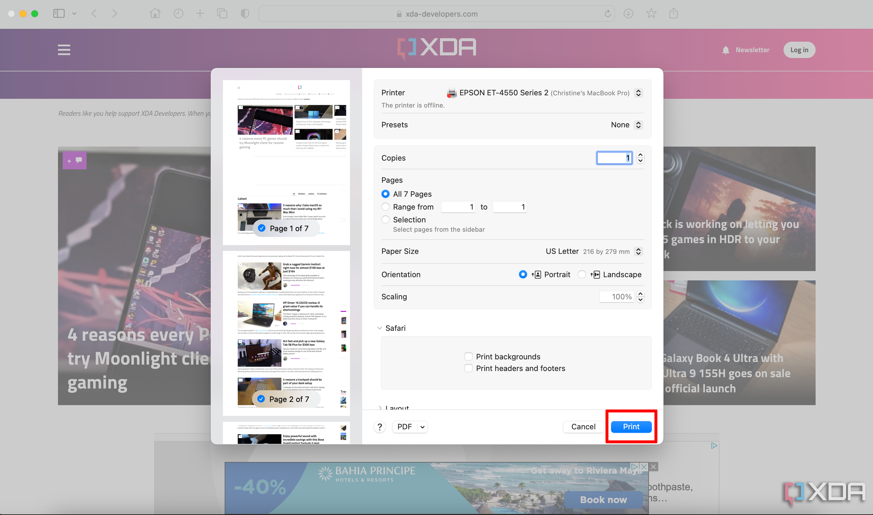 Una ventana de impresión abierta en una Mac, el sitio web XDA en segundo plano y el botón Imprimir seleccionado.
