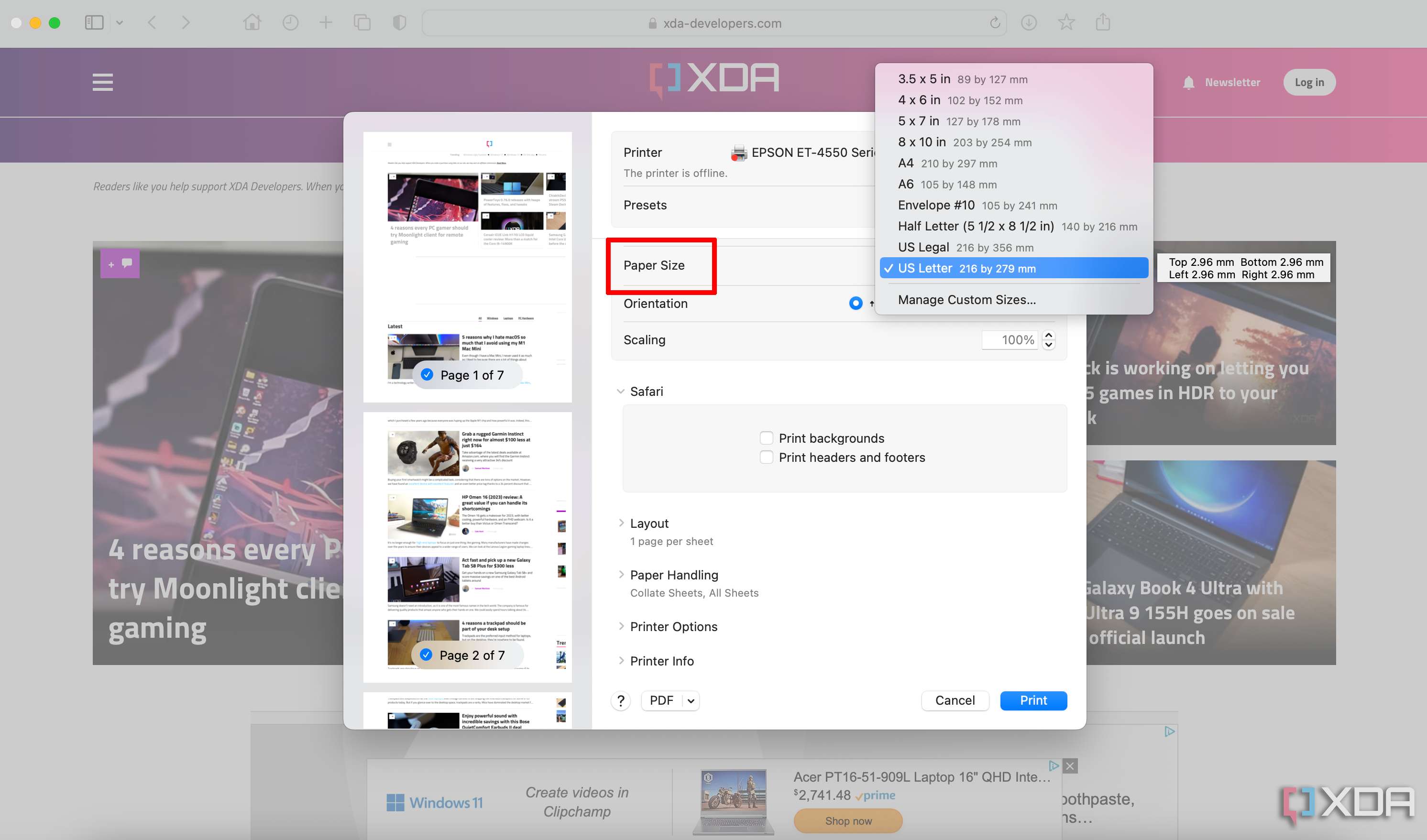 Una ventana de impresión abierta en una Mac, el sitio web XDA en segundo plano y con el tamaño de papel de la impresora seleccionado.