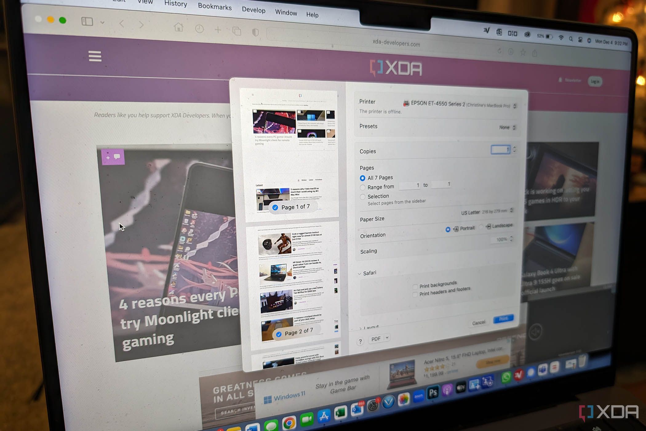 Imagen de perfil lateral del sitio web de XDA en una Mac, con una ventana de impresión abierta encima.