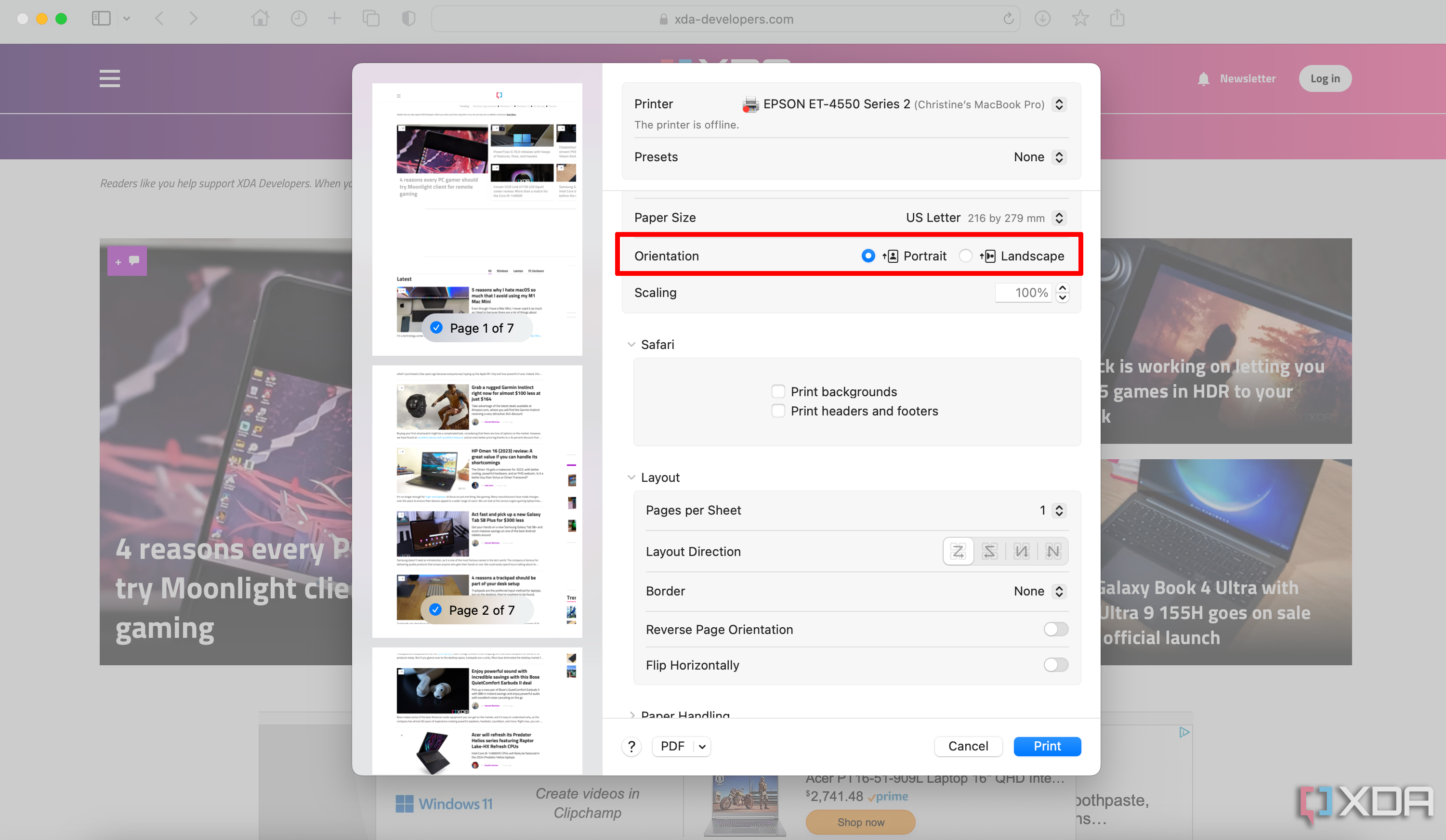 Una ventana de impresión abierta en una Mac, el sitio web XDA en segundo plano, con la orientación de la página seleccionada.