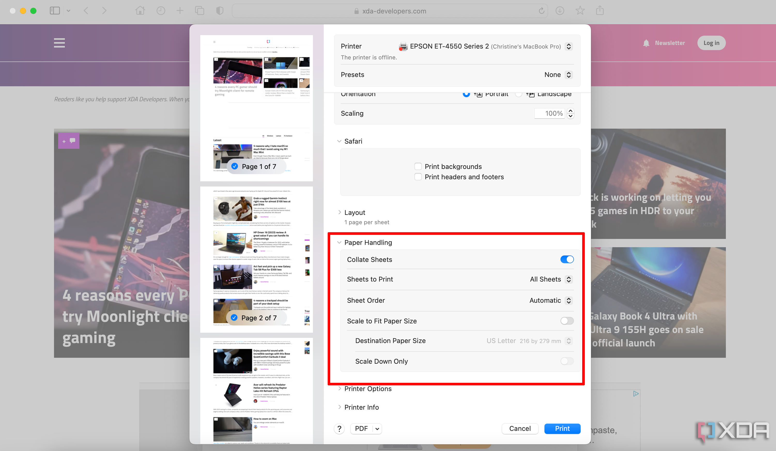 Una ventana de impresión abierta en una Mac, el sitio web XDA en Safari en segundo plano con el manejo de papel seleccionado.
