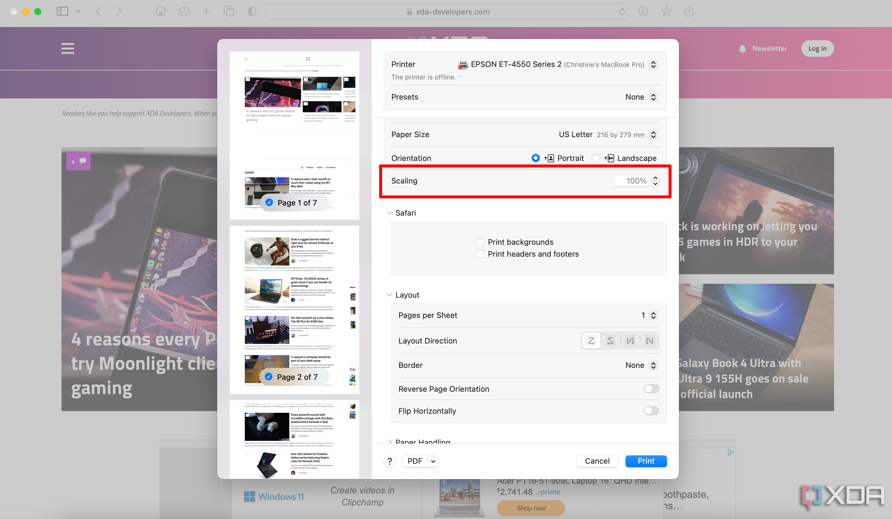 Una ventana de impresión abierta en una Mac, el sitio web XDA en segundo plano y con la escala seleccionada.