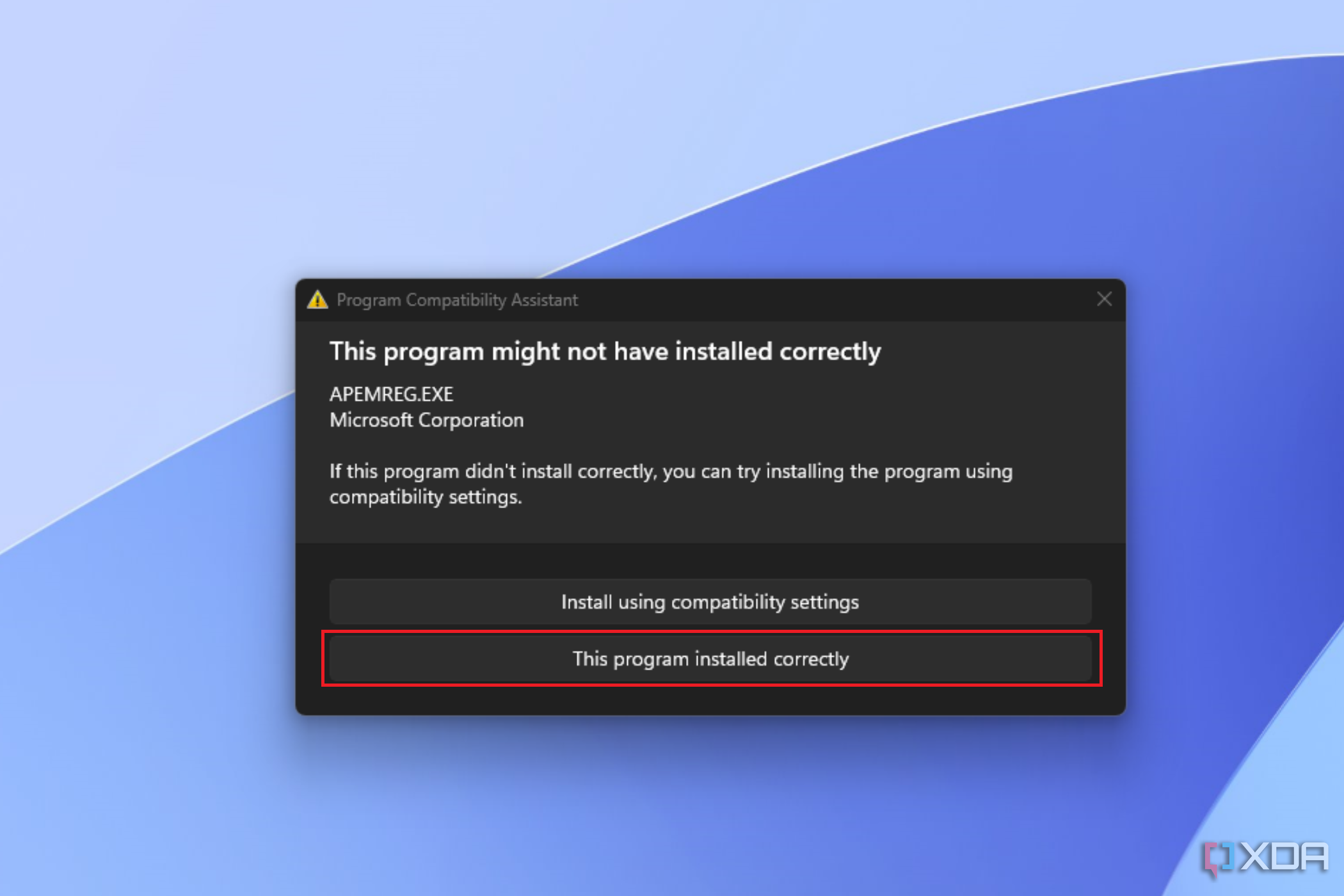 mage showing the Program Compatibility Assistant warning