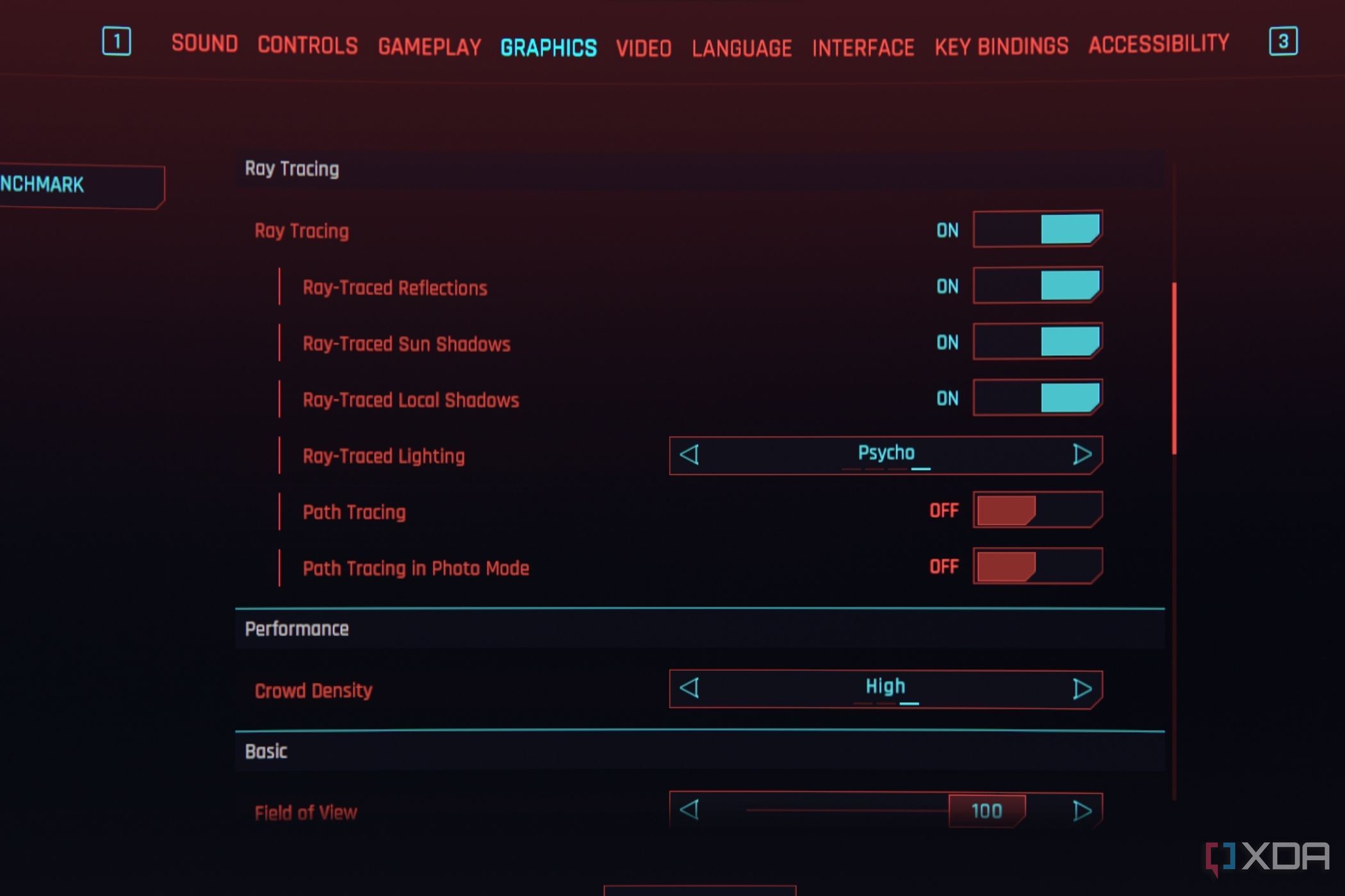 Una captura de pantalla que muestra la configuración de trazado de rayos en la pantalla de configuración gráfica de Cyberpunk 2077.