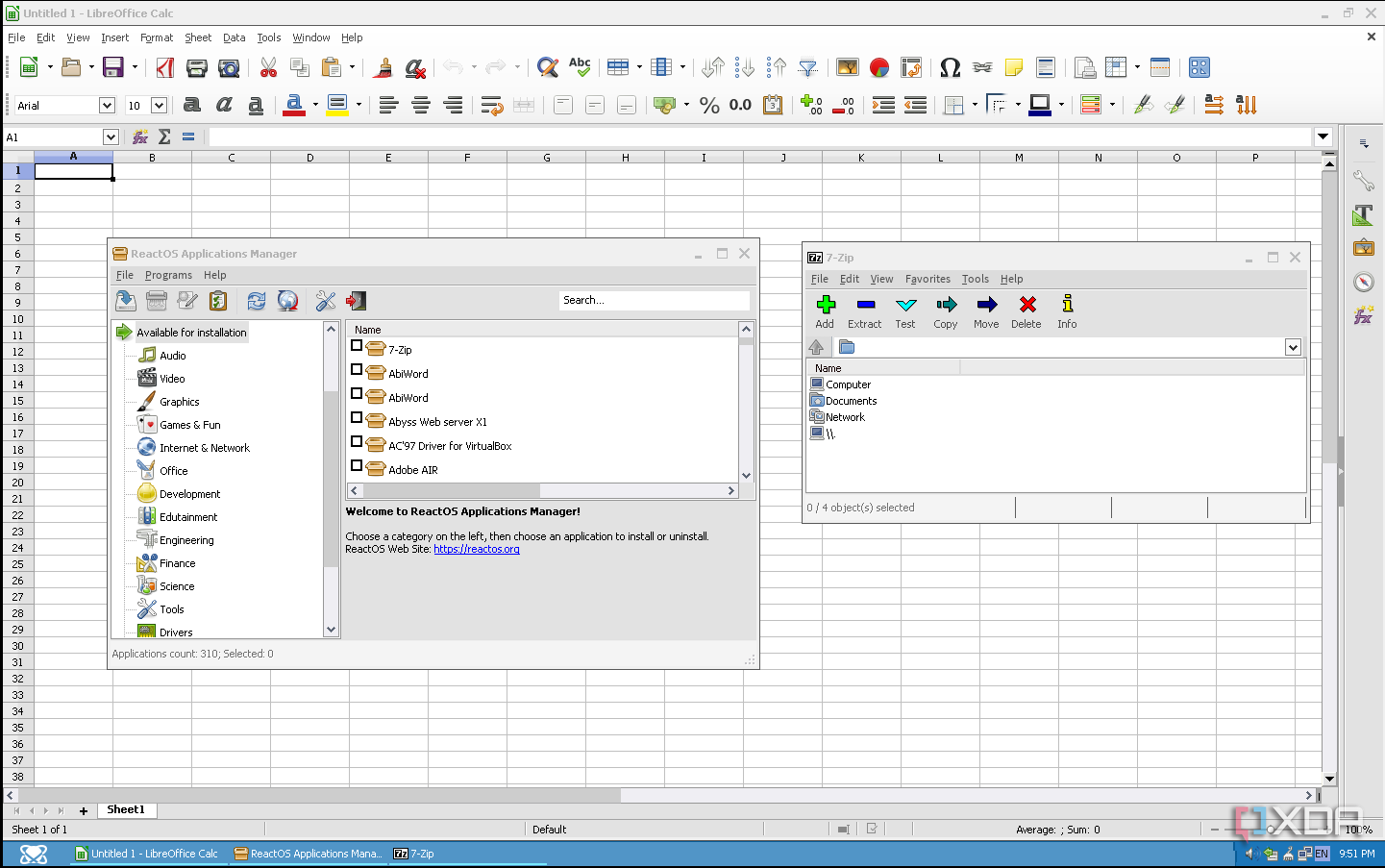 Gestor de aplicaciones ReactOS con LibreOffice Calc y 7-Zip