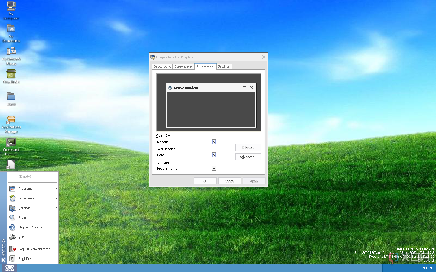 Escritorio ReactOS con el tema Modern