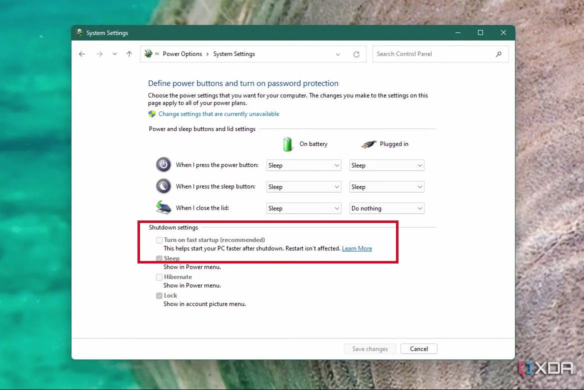 Cambiar la función de los botones de encendido en la aplicación de configuración de Windows 11 para desactivar el inicio rápido con una casilla de verificación