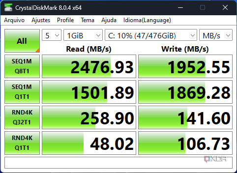 Screenshot of CrystalDiskMark benchmark results for the Zotrac Zbox Pico PI430AJ SSD