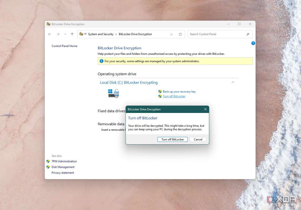 Скриншот опции отключения Bitlocker в Windows 11