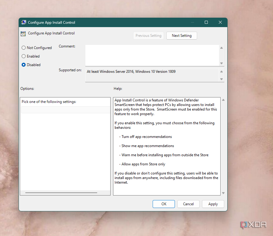 A screenshot of the settng to configure app install control on Windows 11