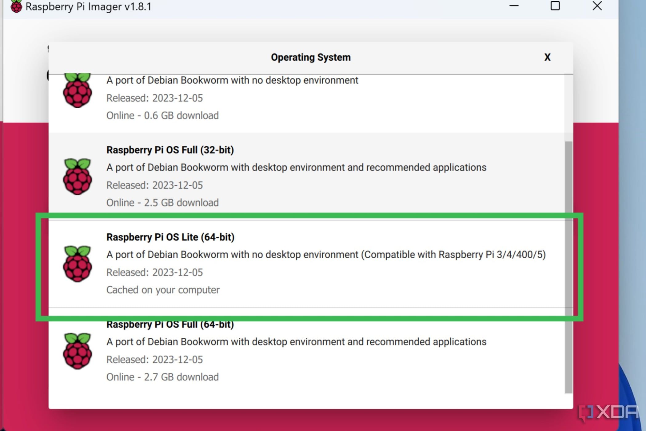 Una captura de pantalla de Raspberry Pi Imager que resalta los pasos para seleccionar Raspberry Pi OS Lite