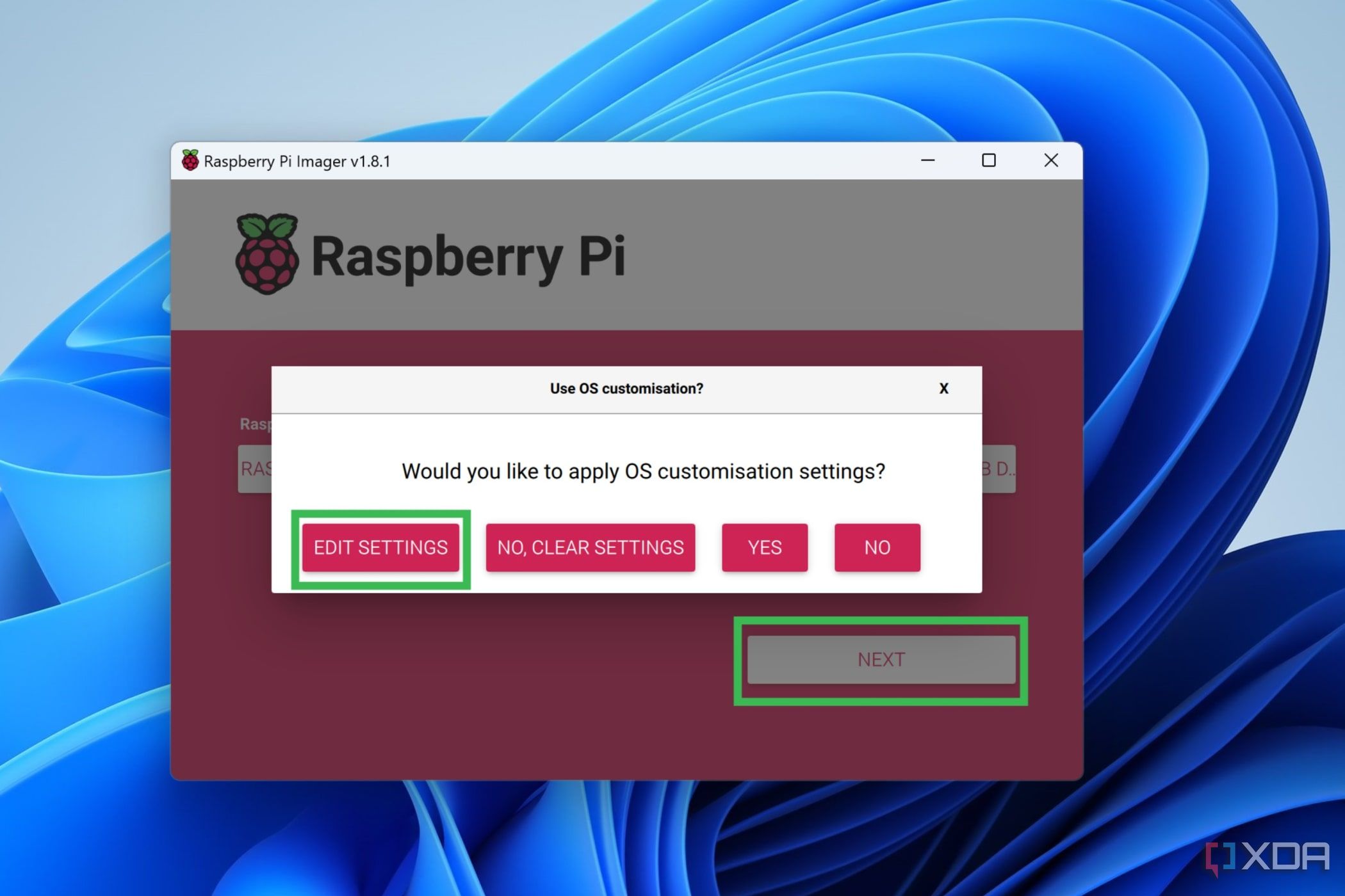 Una captura de pantalla de Raspberry Pi Imager que resalta los pasos para editar la configuración del sistema operativo