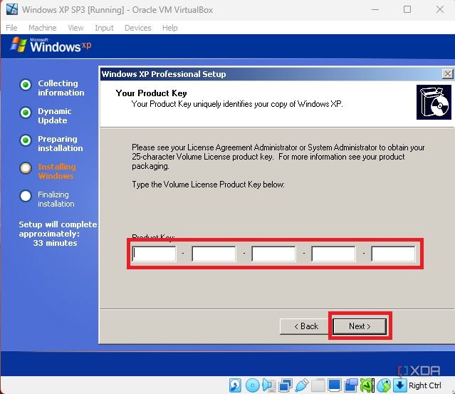 Escriba la clave del producto para verificar Windows XP