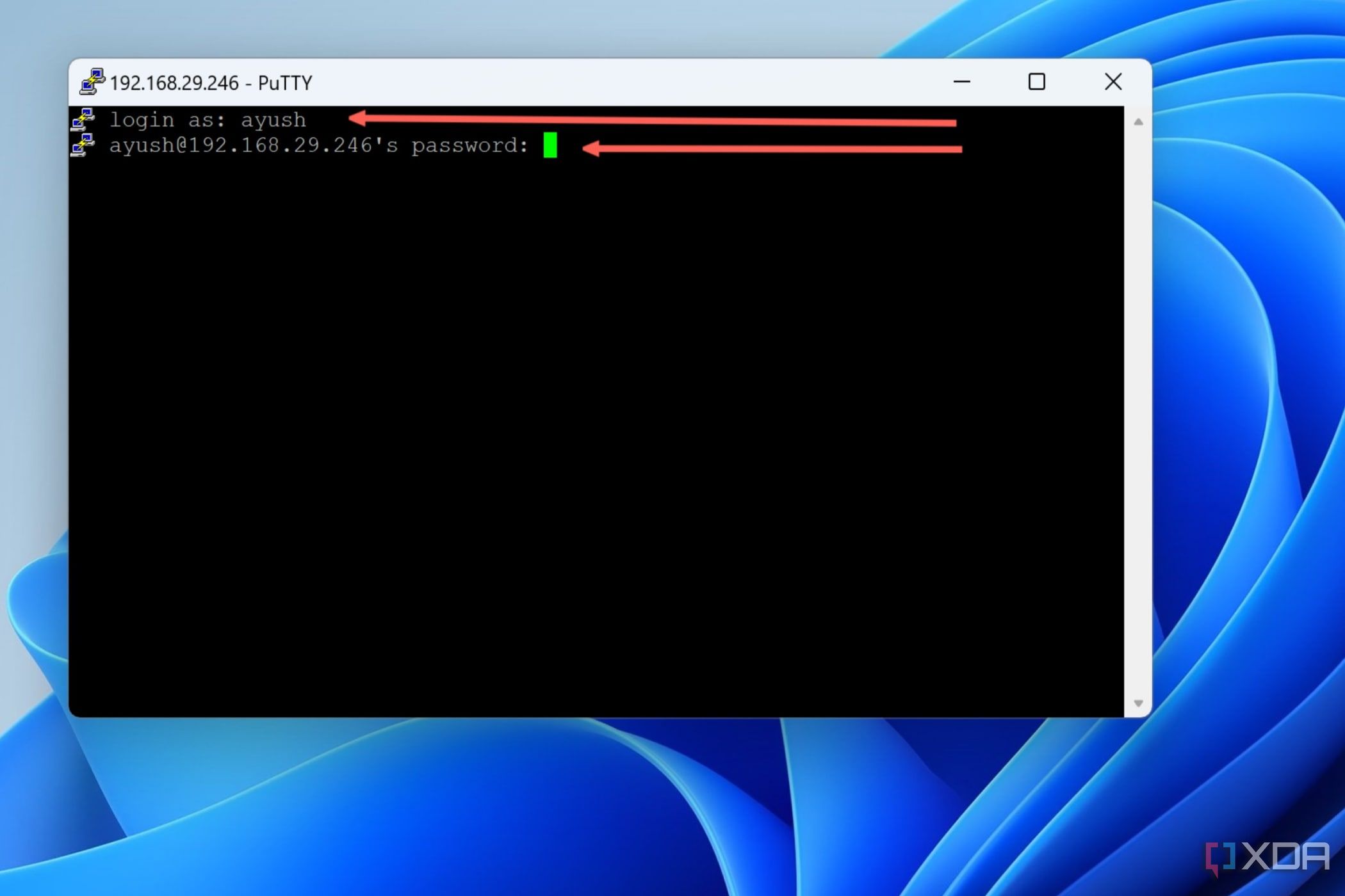 Una captura de pantalla de PuTTY con el nombre y la contraseña del usuario root resaltados