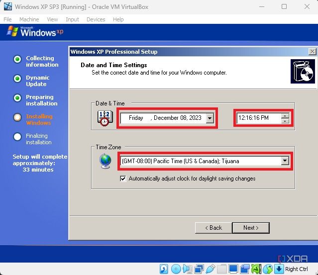 Establecer la fecha, la hora y la zona horaria en la configuración de Windows XP