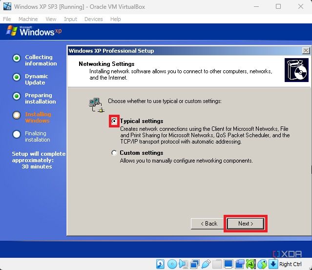 Utilice la configuración típica para completar la configuración de Windows XP