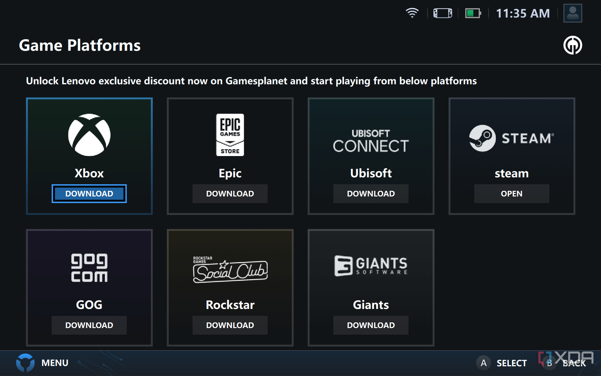 Una captura de pantalla de la apertura de Steam a través de la aplicación Lenovo Legion Space en Legion Go