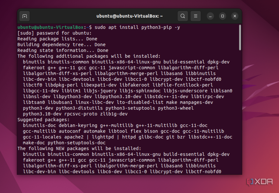 Una captura de pantalla de la instalación de pip de Python 3 en Ubuntu