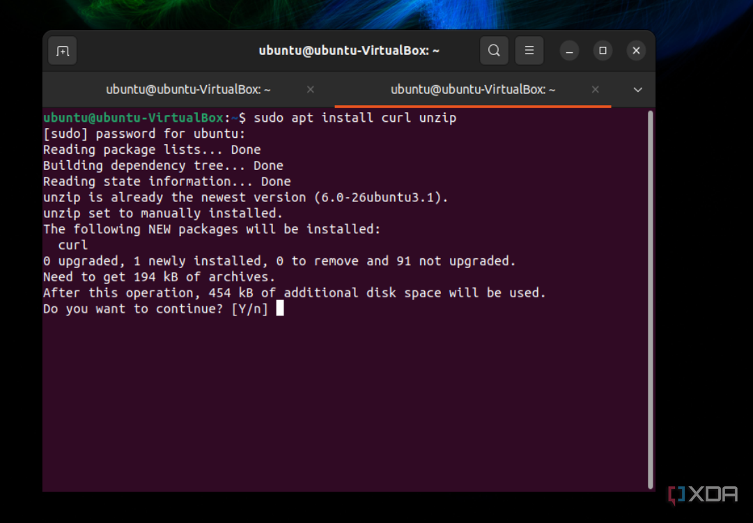 Una captura de pantalla del comando en el paso inicial necesario para instalar curl Unzip en Ubuntu