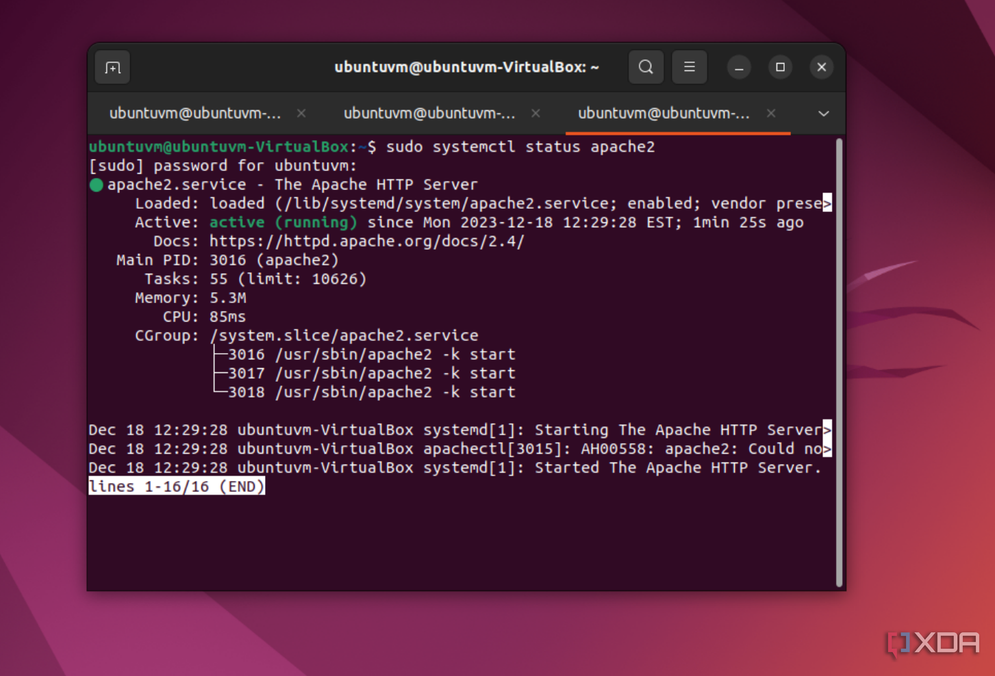 Una captura de pantalla de la sesión de terminal para mostrar que Apache se ejecuta correctamente en Ubuntu