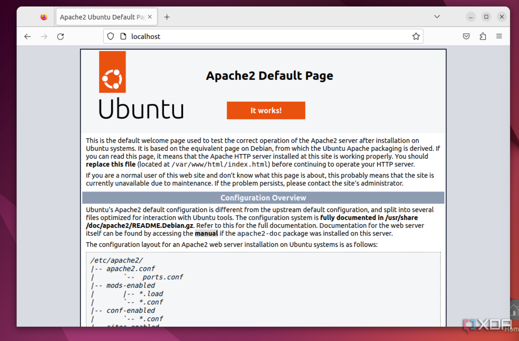 Una captura de pantalla de la página web predeterminada de Apacahe2 en Ubuntu que muestra scripts de muestra