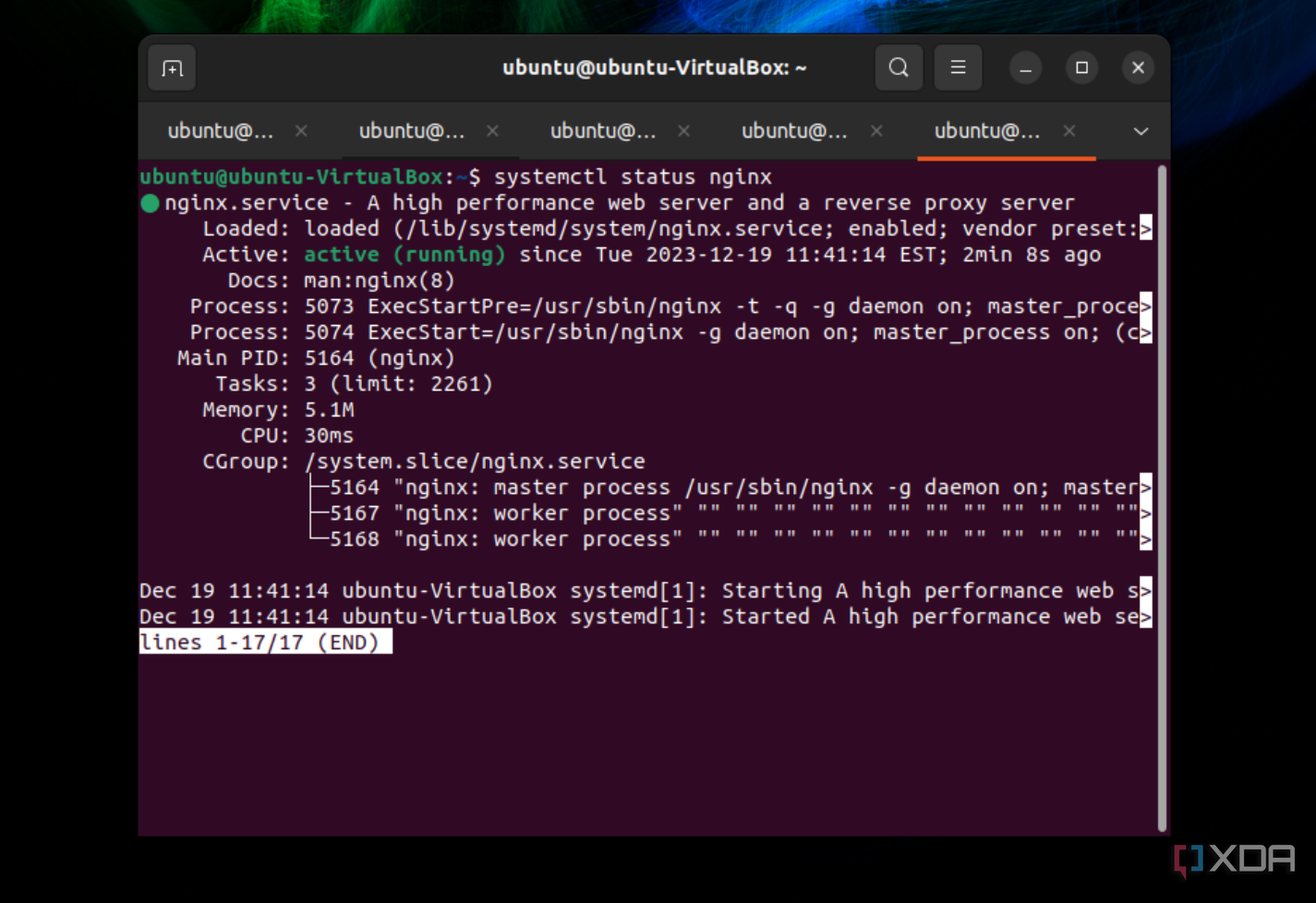 Una captura de pantalla de Ngix ejecutándose en Ubuntu en la aplicación de terminal