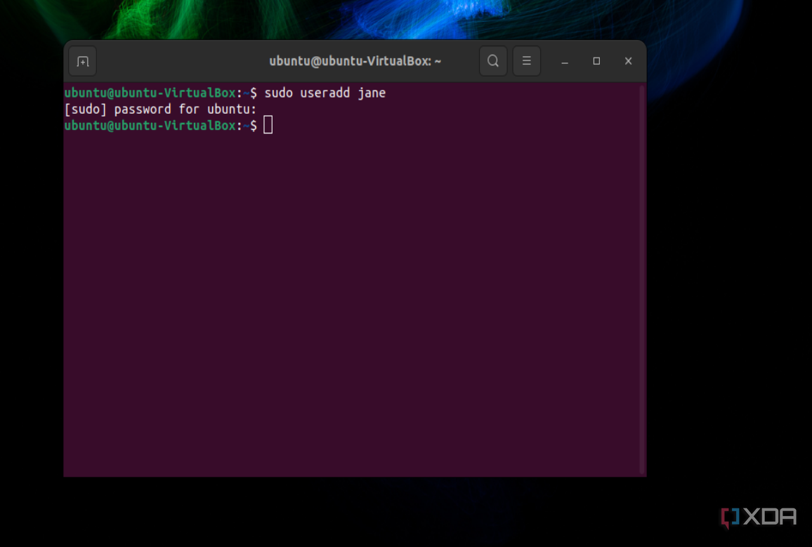 Una captura de pantalla del comando para agregar un nombre de usuario jane en Ubuntu