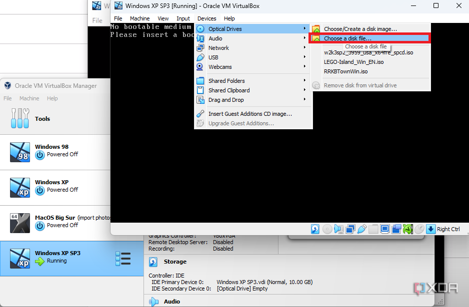 Mounting a disk file in VirtualBox