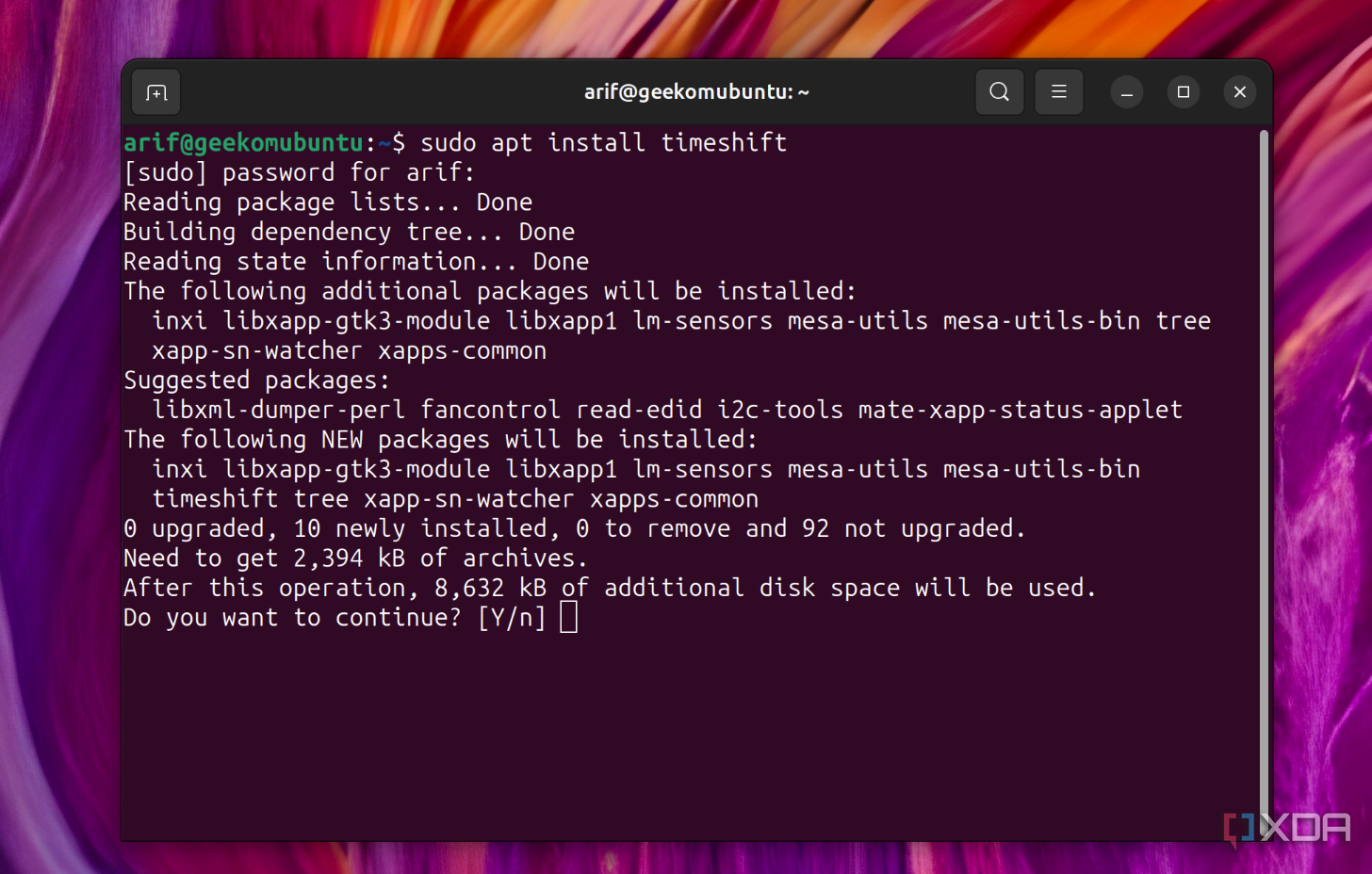 Una captura de pantalla del proceso para instalar Timeshift en Ubuntu a través de la aplicación de terminal