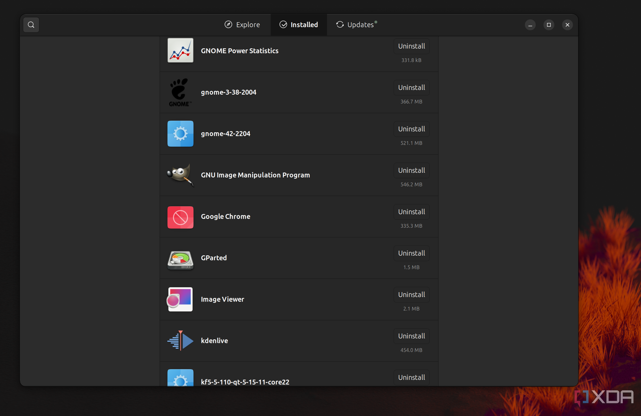 Скриншот Центра программного обеспечения Ubuntu с возможностью удаления. Google Хром