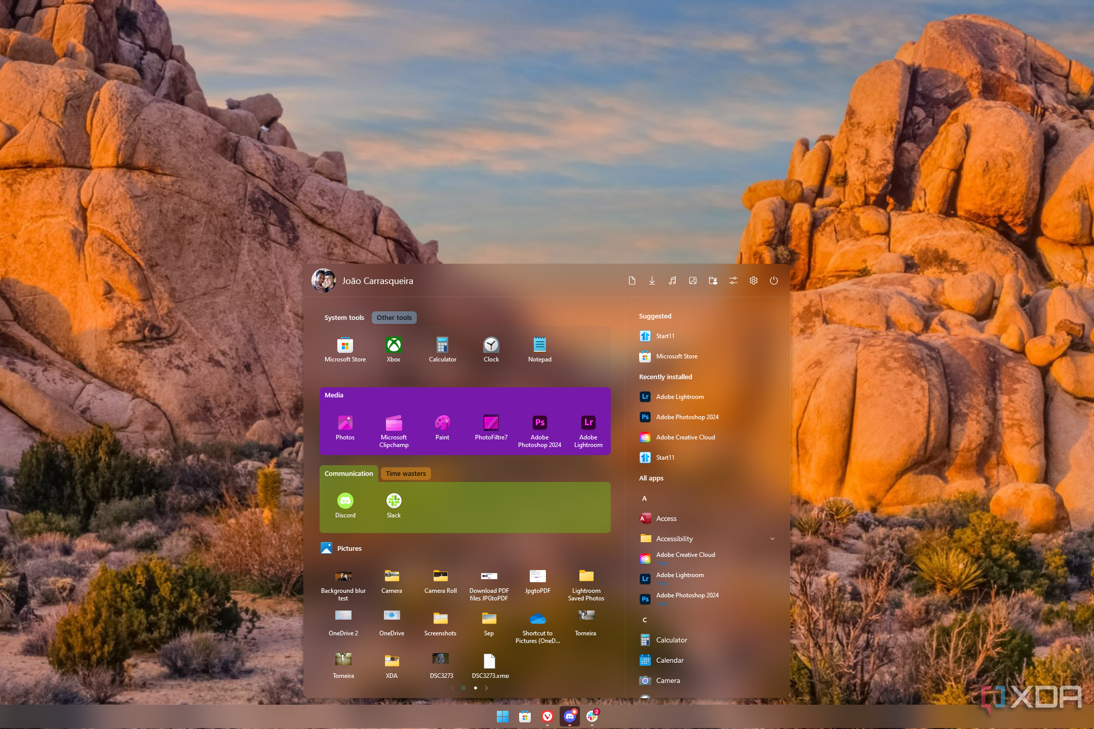 Screenshot of a Start11 Start Menu with Windows App style