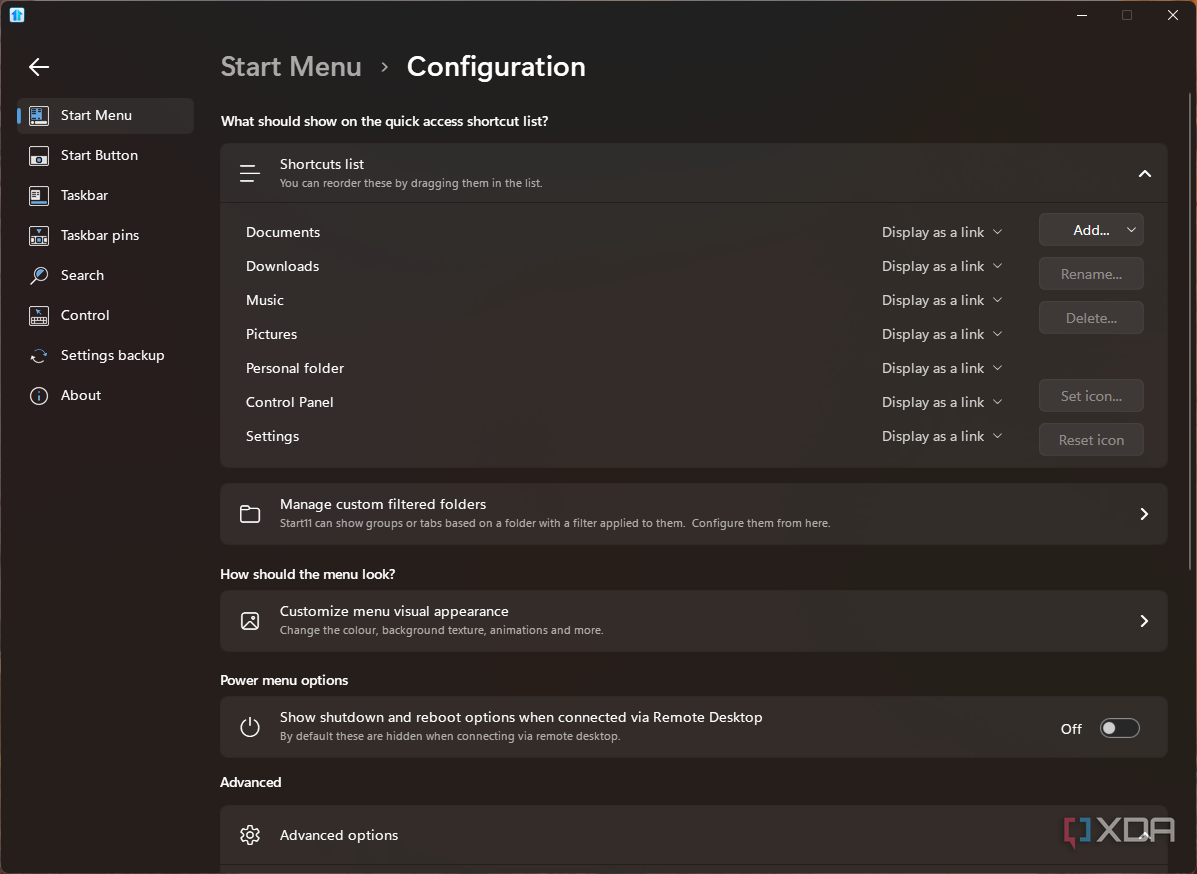 Captura de pantalla de las opciones de configuración del menú Inicio de Start11