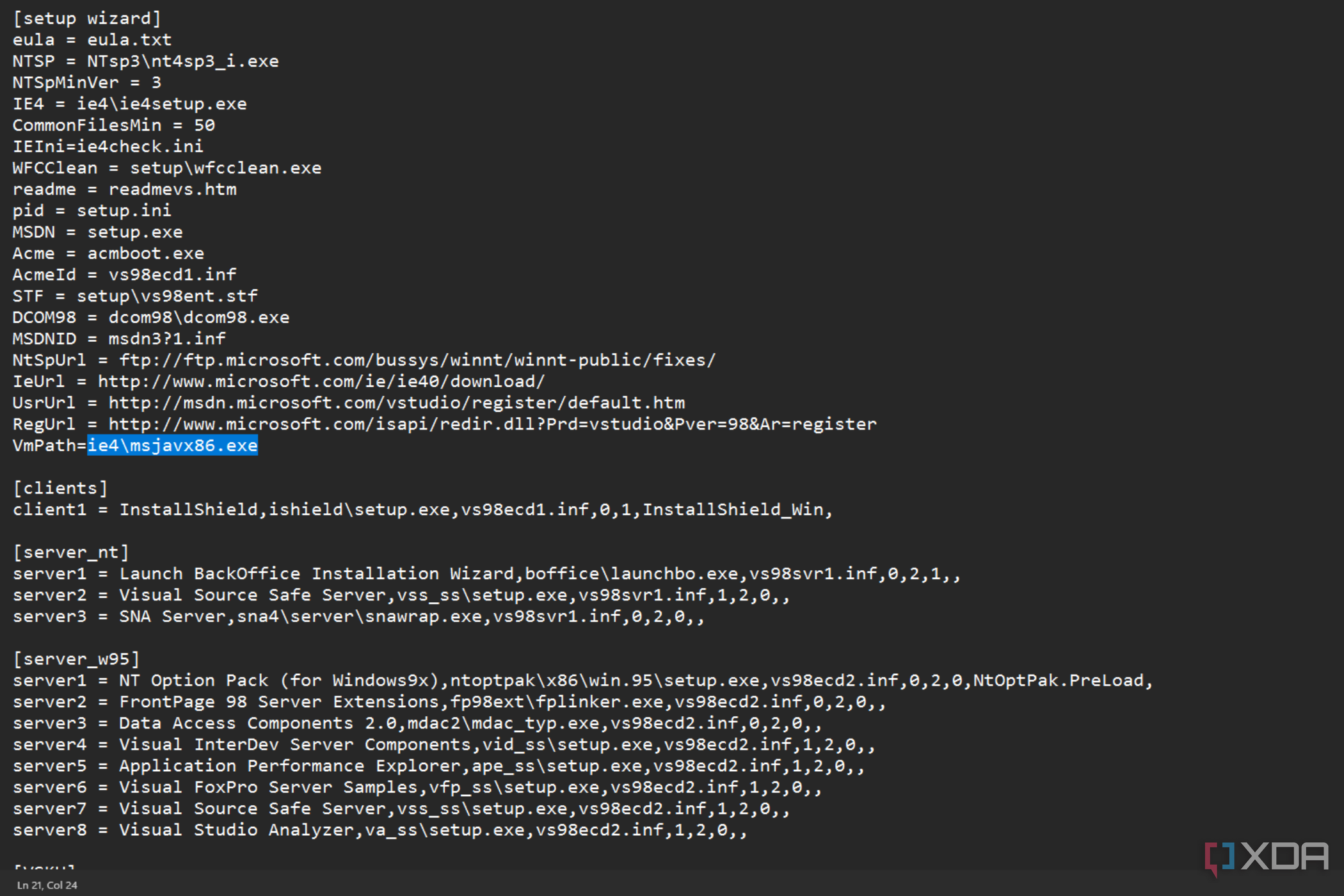 Image displaying the text from a Visual Basic 6 setup configuration file, showing various setup parameters and paths, including a line highlighted for the Java Virtual Machine.