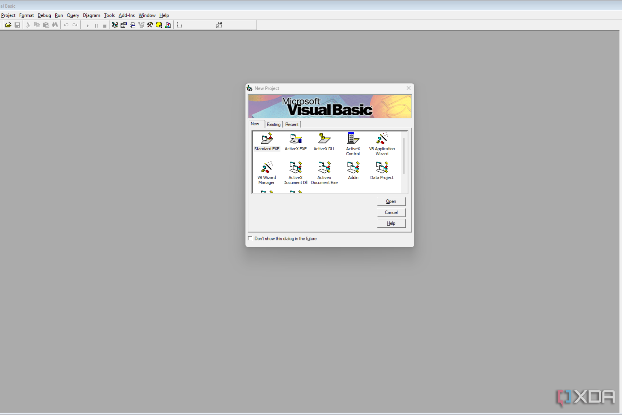 Screen shot shwoing a running instance of Visual Basic 6.0