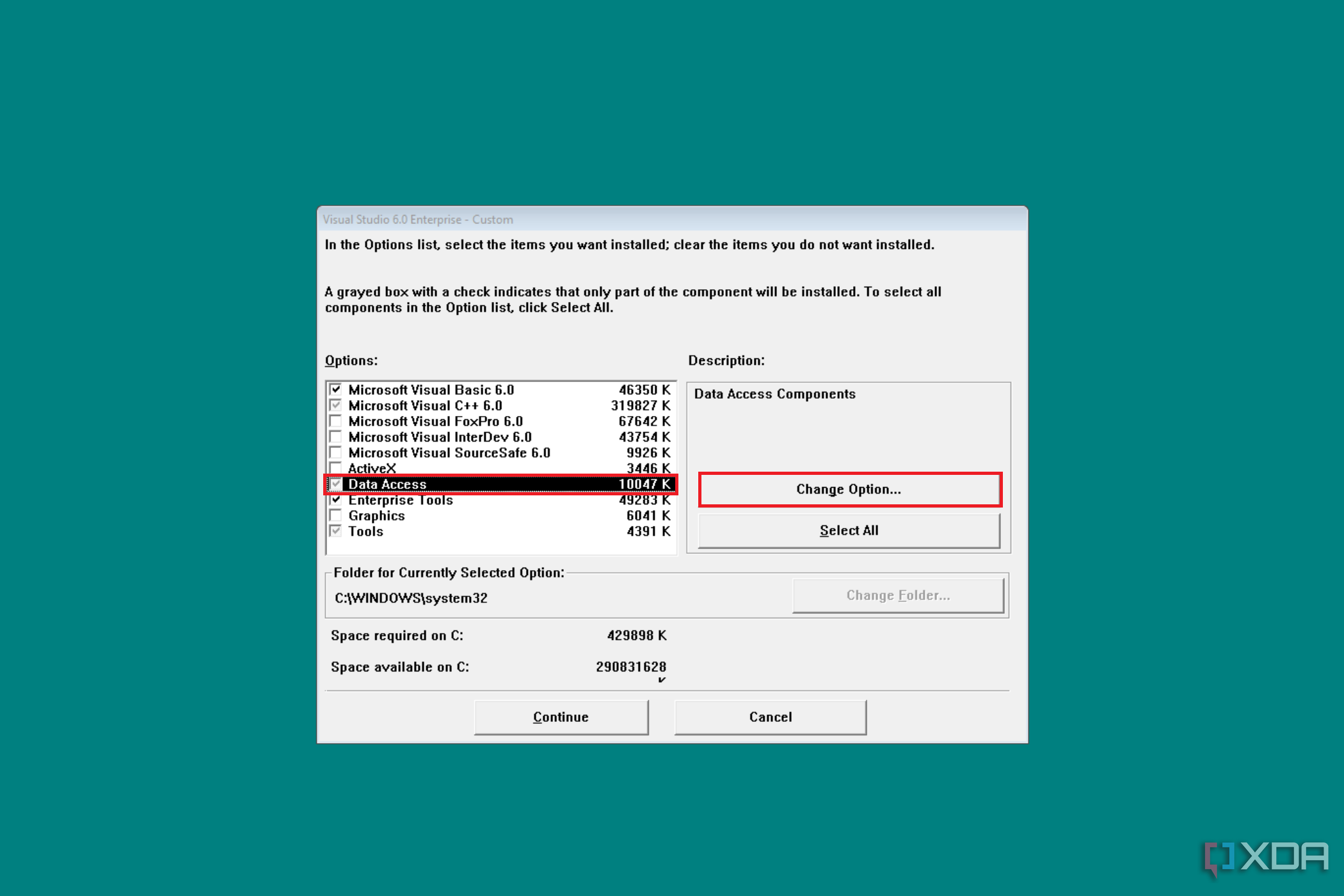  Image of Visual Studio 6.0 Enterprise installation window, displaying selectable component options like Visual Basic 6.0 and Visual C++, with 'Data Access' highlighted, and 'Continue' and 'Cancel' buttons at the bottom