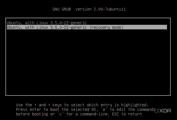 Una captura de pantalla de la pantalla del modo de recuperación de GRUB en Ubuntu