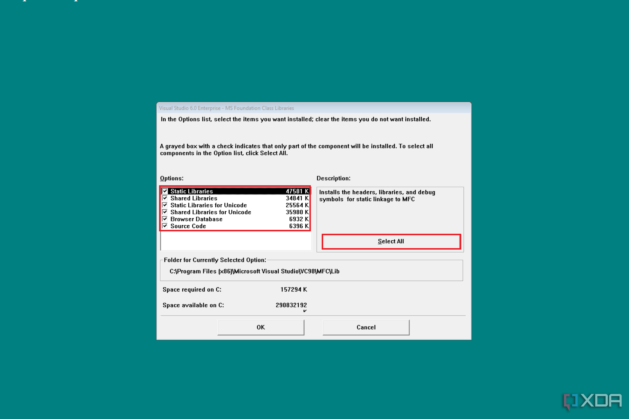 Screenshot of Visual Studio 6.0 installation options for MS Foundation Class Libraries, detailing Static and Shared Libraries, with file sizes, directory path, space requirements, and 'OK' or 'Cancel' buttons.