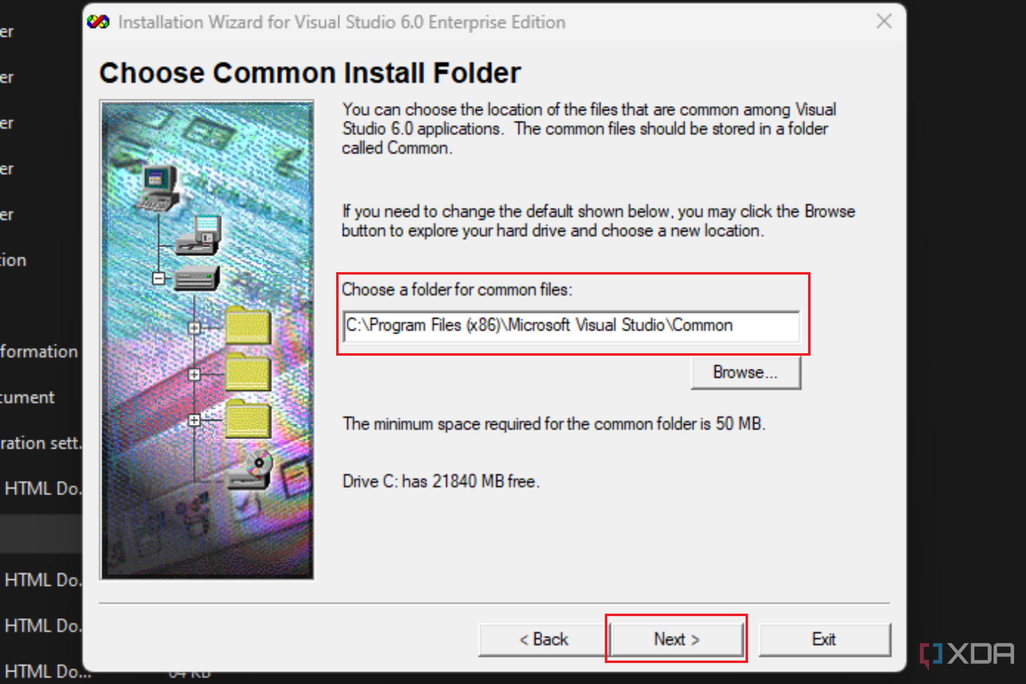  Image showing the 'Choose Common Install Folder' window in the Visual Studio 6.0 Enterprise Edition setup, with the default path selected and an option to browse for a new location.