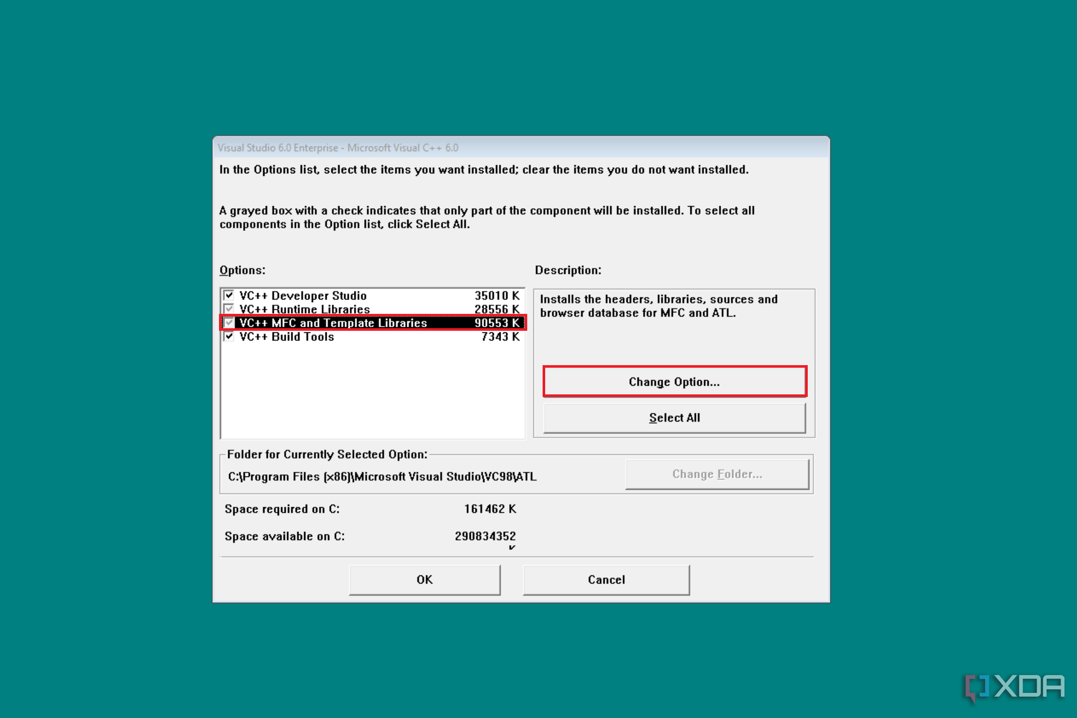  Image of Visual Studio 6.0 Enterprise - Microsoft Visual C++ 6.0 setup window. It lists components like VC++ Developer Studio and Runtime Libraries to be installed, with descriptions and file sizes. The installation path and the space required and available on drive C: are shown, with 'OK' and 'Cancel' buttons at the bottom.