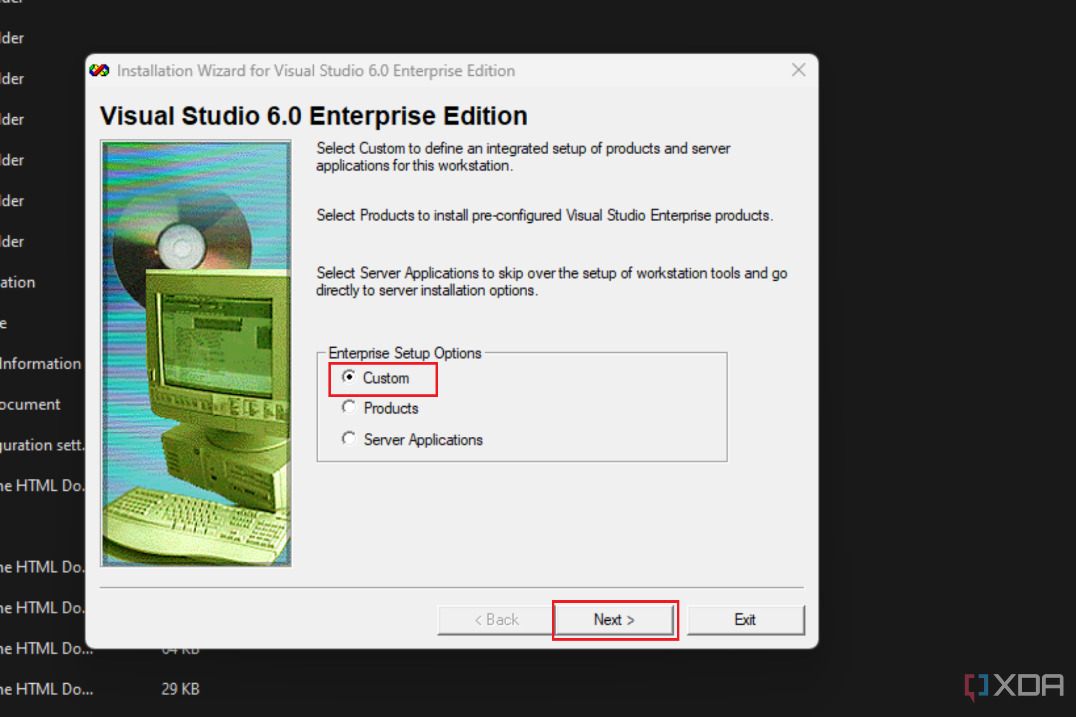  Image of the Visual Studio 6.0 Enterprise Edition setup window with the 'Custom' option selected, indicating the user can choose an integrated setup of products and server applications.