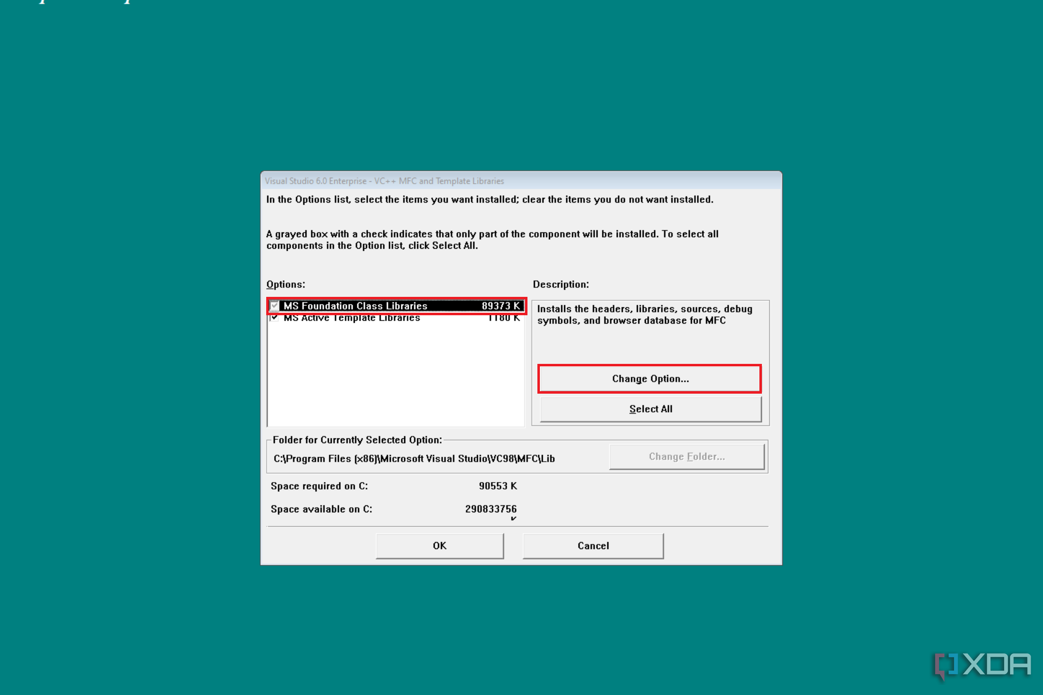  Screenshot of Visual Studio 6.0 setup for MFC and Template Libraries, showing options to install with file sizes and disk space details, and 'OK' or 'Cancel' buttons at the bottom.