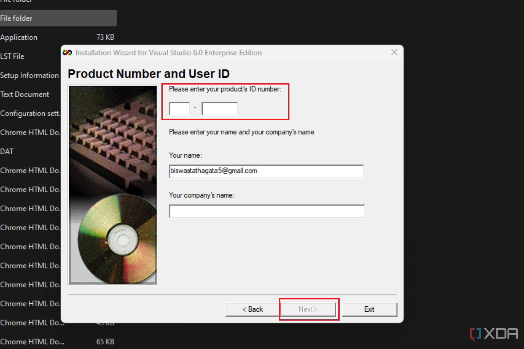 Image of the product number and user ID input window during the Visual Studio 6.0 Enterprise Edition installation, prompting the user to enter their name and company's name.