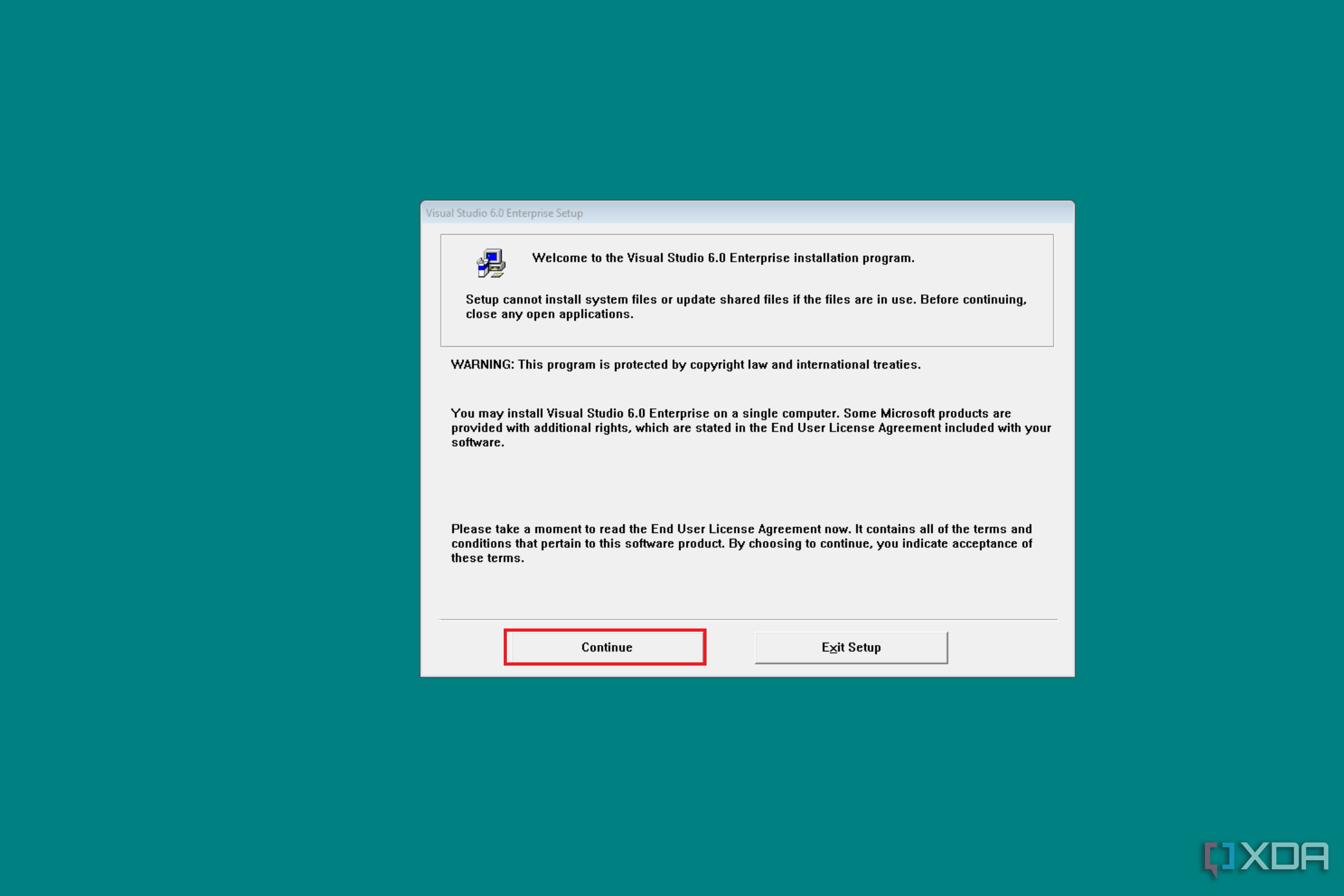 Image displaying the initial setup screen of Visual Studio 6.0 Enterprise Edition with a welcome message, a warning about system files, and an invitation to read the End User License Agreement, with options to continue or exit the setup.