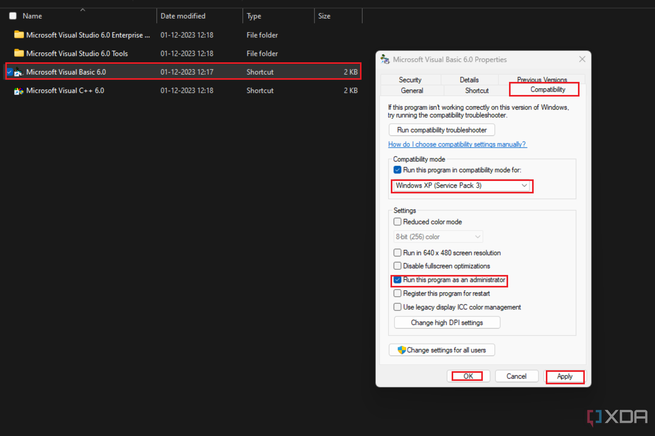 Image showing the file explorer with Visual Studio folders and the properties window for Microsoft Visual Basic 6.0,