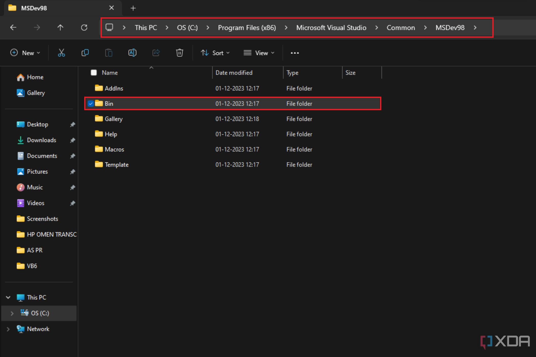 Image of a Windows file explorer window displaying the directory structure of Microsoft Visual Studio inside the 'MSDev98' folder,