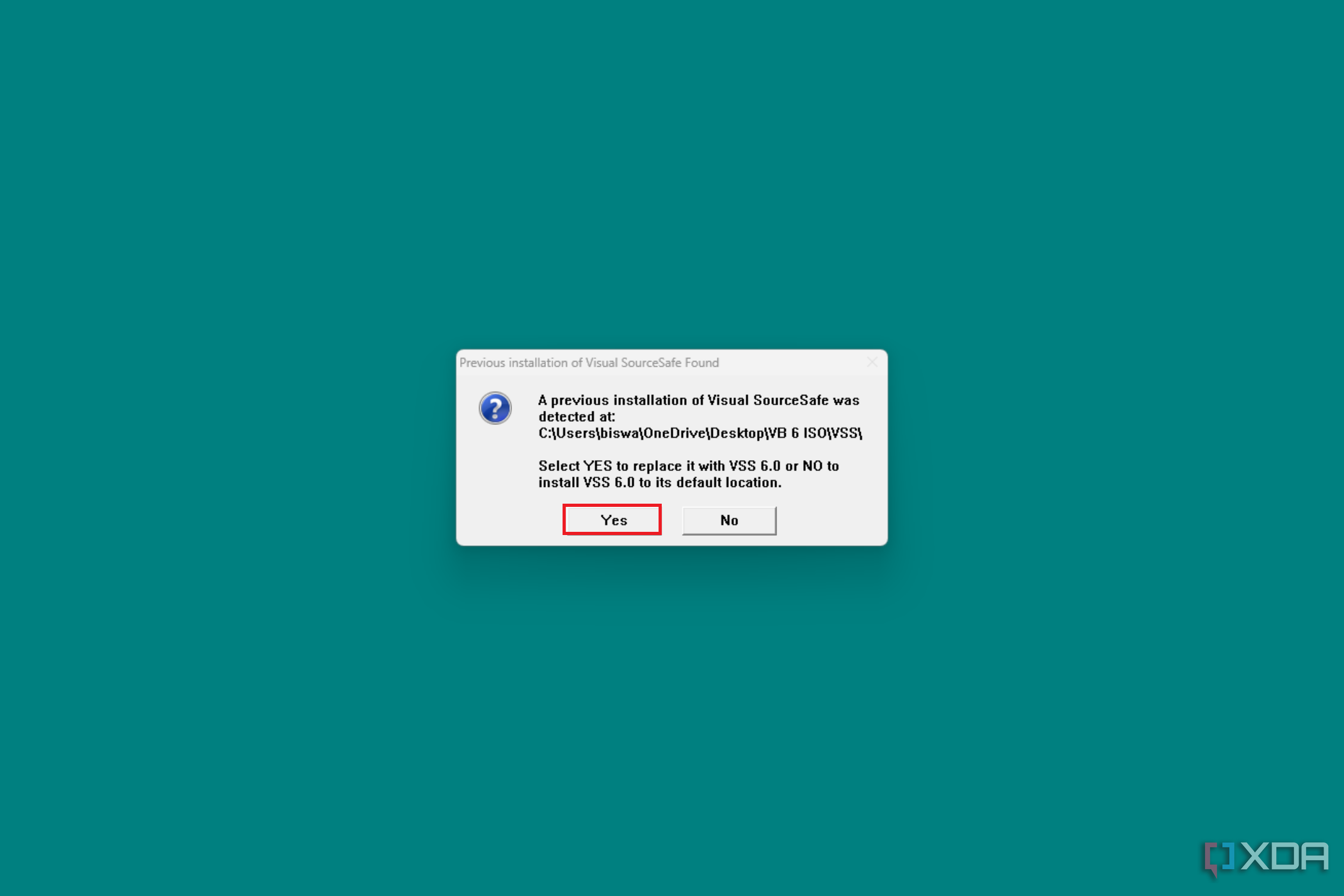 Image showing a dialog box alerting to a previous installation of Visual SourceSafe and asking whether to replace it with Visual Studio 6.0 or install VSS 6.0 to its default location.