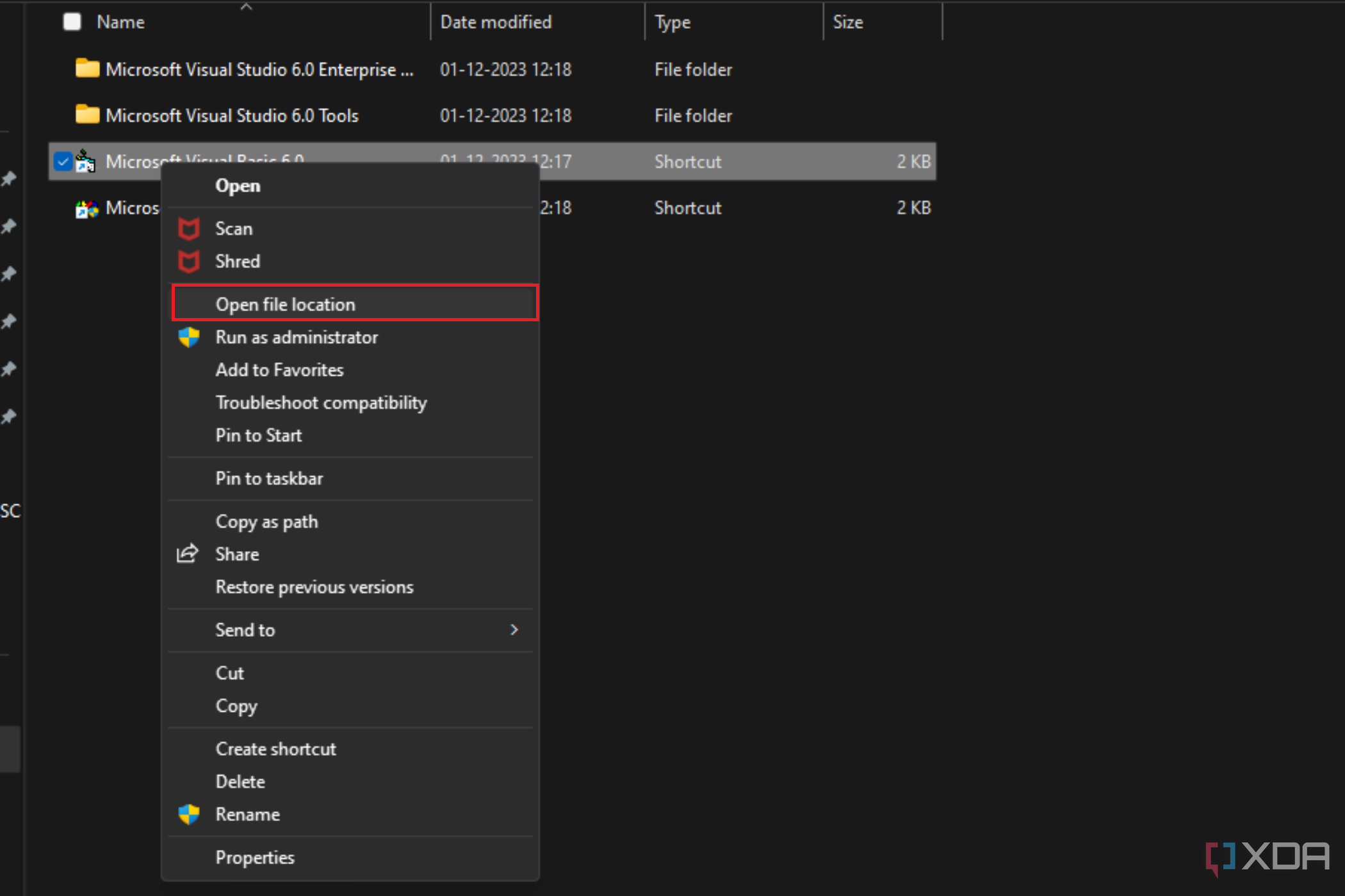 Image showing context menu open for the Microsoft Visual Basic 6.0 shortcut