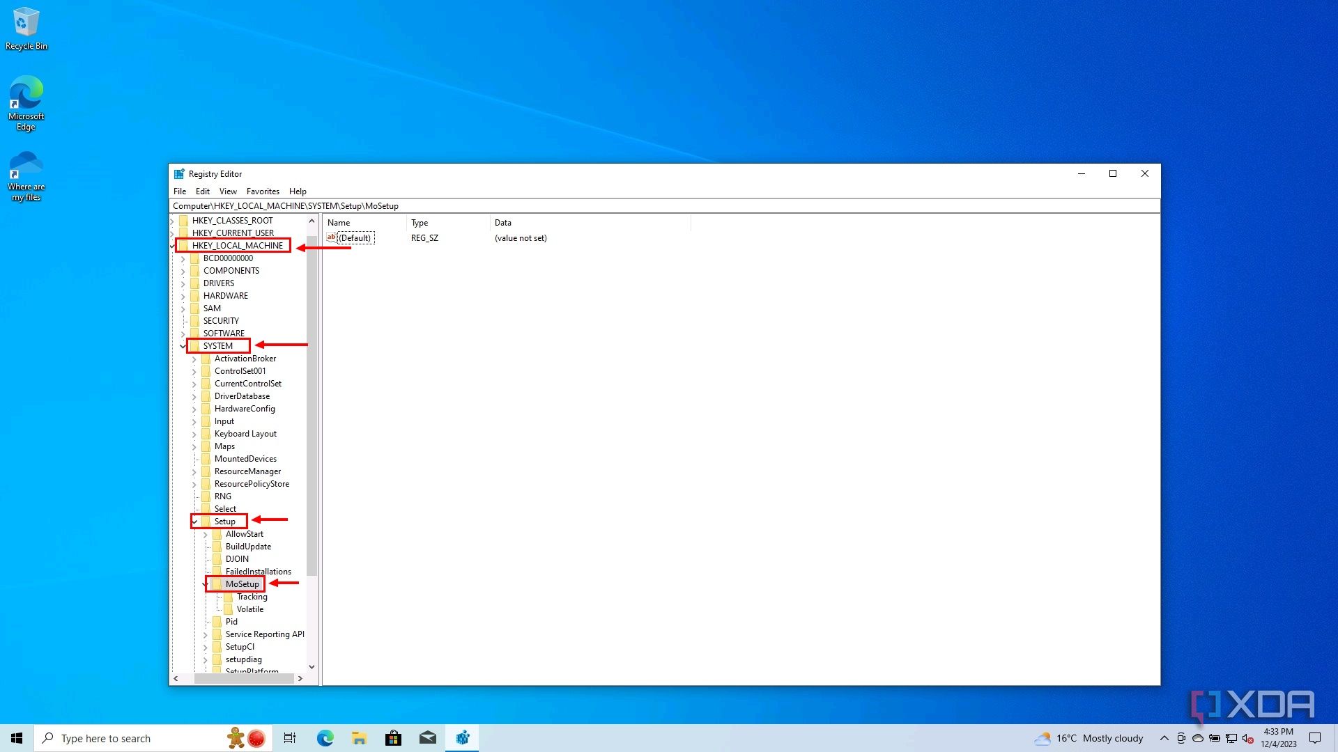 Screenshot of Registry Editor in Windows 10 showing the folder structure of the current location