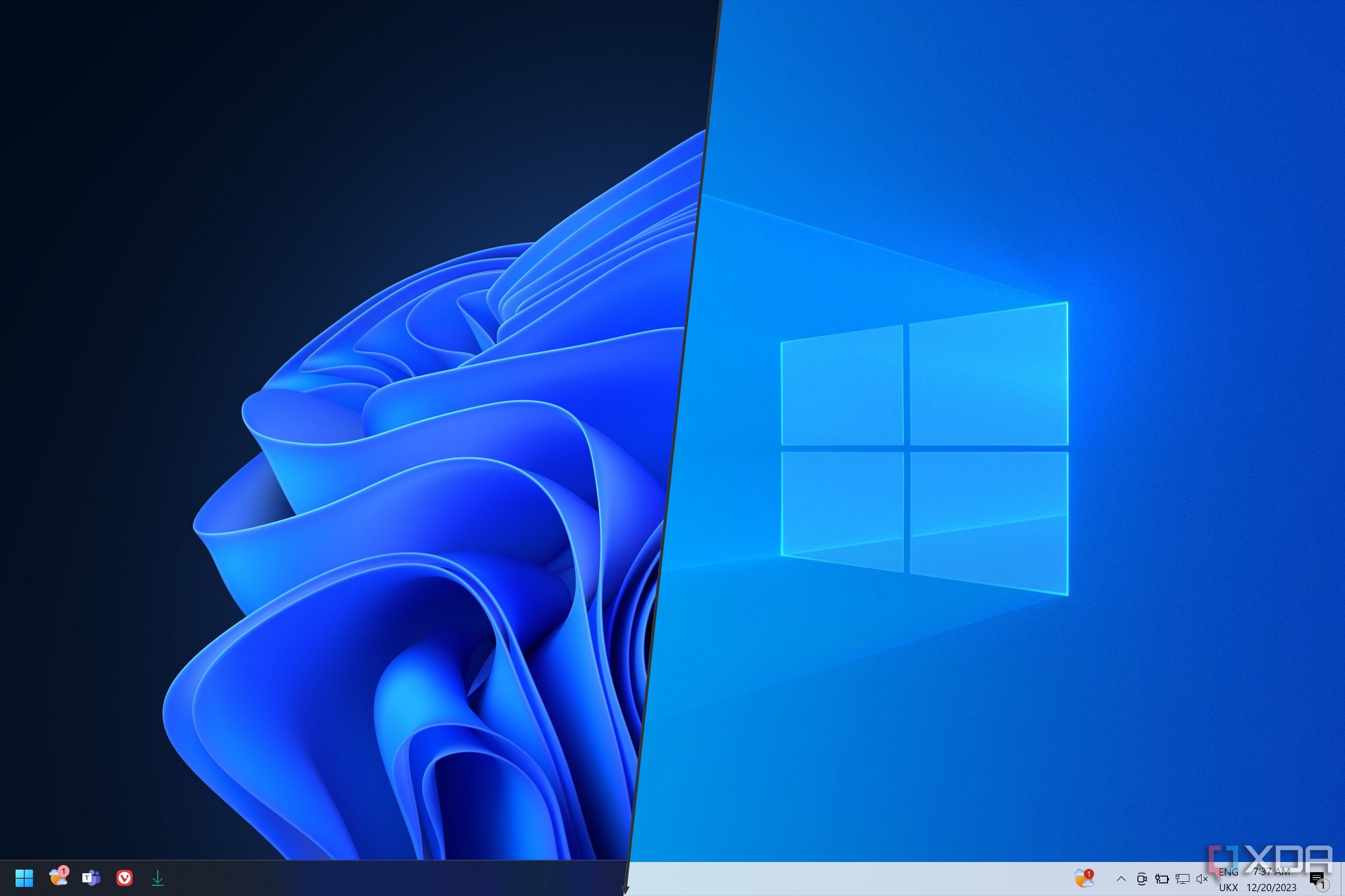 Split screenshot of Windows 11 side by side with Windows 10